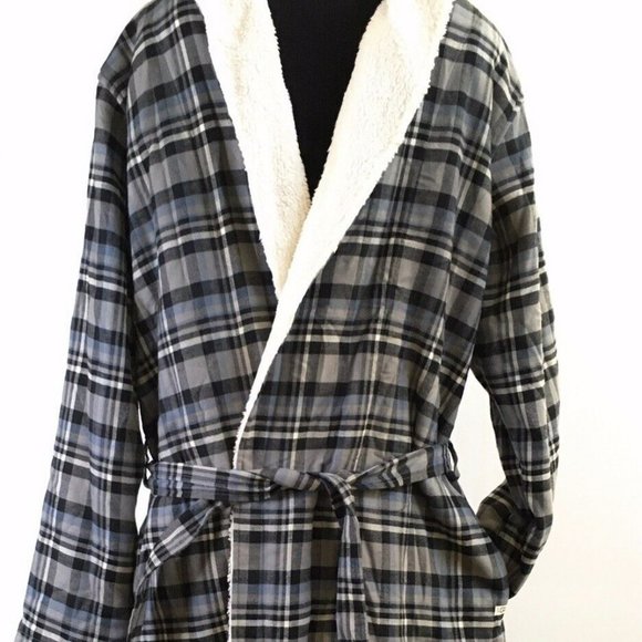 NWT UGG MEN'S‎ KALIB FLANNEL FLEECE PLUSH BATH ROBE BLUE GRAY - Picture 7 of 7